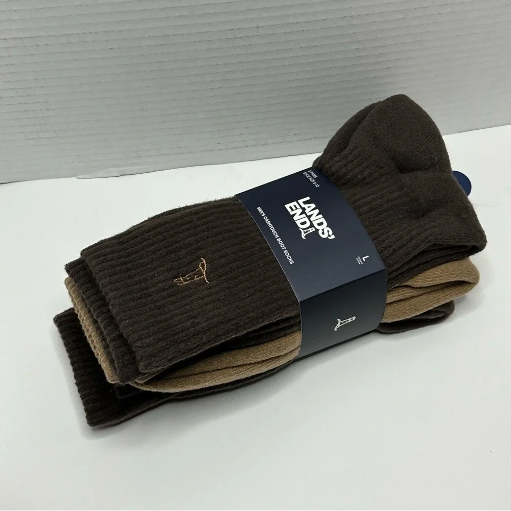 NWT Lands' End Men's Soft Touch Boot Socks 3 Pack Full Terry Sz Lg Brown &‎ Tan